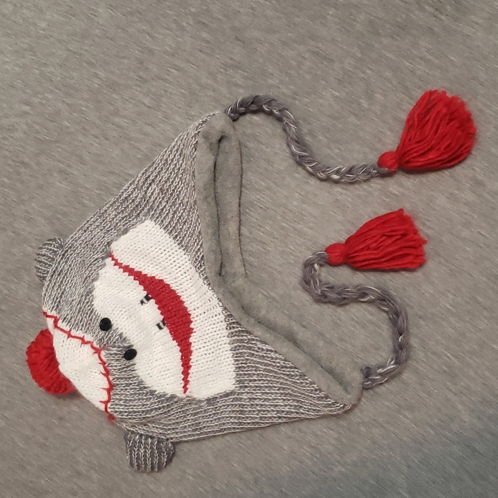 Sock Monkey Pom Pom Beanie Earflap Trapper Cap Hat w/ Strings
